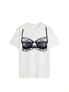 New Y2K Minimalist Summer T-Shirt With Striking Printed Tube Top, Round Neck, Short Sleeve White, Casual And Versatile For Women On Vacation - 白色 - 查看 5