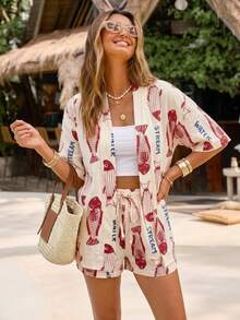 Women's Summer Vacation Style, Bohemian Print 2 Pieces Set - Red - View 1