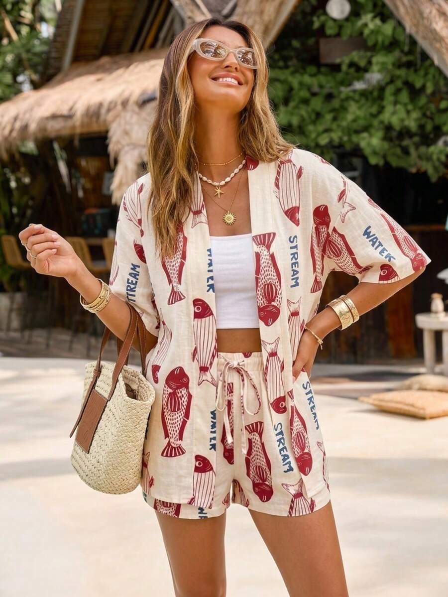 Women's Summer Vacation Style, Bohemian Print 2 Pieces Set - Red - View 1