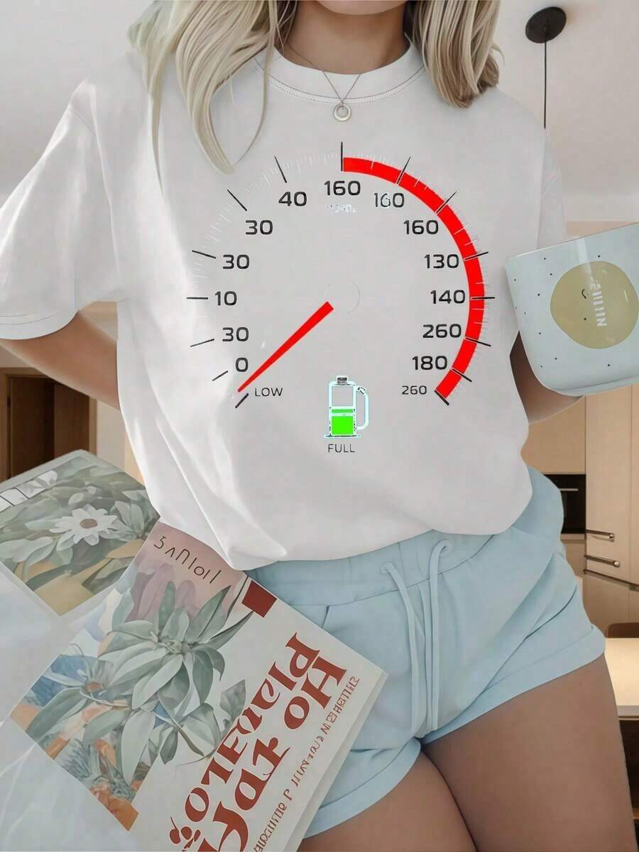 Camiseta de Mujer con Estampado Gráfico, Algodón Ligero, Verano, Cuello Redondo, Manga Corta, Diseño de Velocímetro con Gráfico de Medidor de Combustible, Camiseta Casual Negra para Mujer, Estampados Divertidos Ideales para Fiestas de Navidad, Actividades Deportivas, Fiestas de Vacaciones, Salidas, Deportes y Otros Regalos Festivos (220g). Oversize Camiseta Mujer Estampado 100% Algodón Puro - Blanco - Ver 1