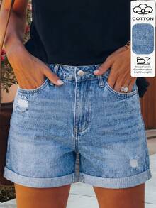 Quần short ống rộng bằng vải denim mài bạc thời trang dành cho nữ, đa năng cho việc đi làm và mặc hàng ngày. - Rửa nhẹ - Xem 1