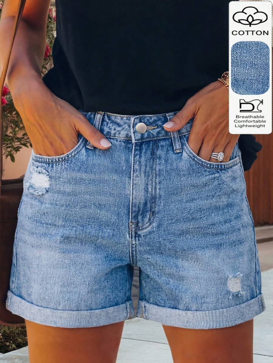 Quần short ống rộng bằng vải denim mài bạc thời trang dành cho nữ, đa năng cho việc đi làm và mặc hàng ngày. - Rửa nhẹ - Xem 1
