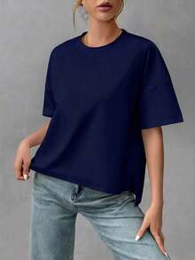 Camiseta holgada de estilo minimalista casual para mujer, con parte delantera corta y parte trasera larga, versátil para usar en la calle, adecuada para primavera y verano - Azul - Ver 7