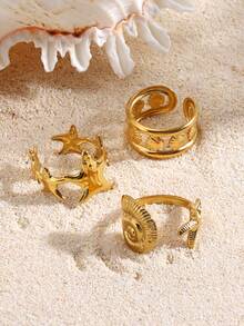 3pcs/Set Stainless Steel 18K Gold Plated Starfish, Shell, Conch Beach Vacation Style Rings Set, Suitable For Women Daily, Summer Beach Travel Wear - Gold - View 3