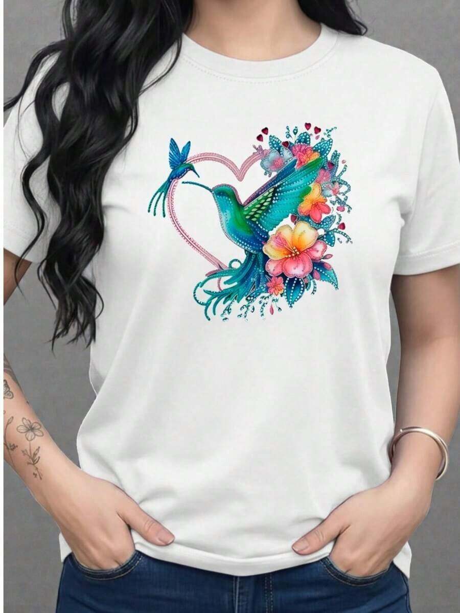 Women's Graphic T-Shirt, Casual Print With Heart, Butterfly, Hummingbird, Flower, Floral Style, Glitter, Sparkles, Shiny, For Everyday Wear, Day Or Night, Valentine's Day, Soft Material, Loose Fit, Round Neck, Short Sleeves - 白色的 - 查看 1