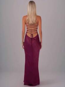 Vestido Largo Satén Lentejuelas Strapless 2026 Espalda Descubierta Fiesta - Morado - Ver 2