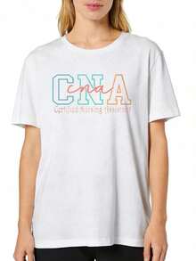 1 camiseta con estampado gráfico de asistente de enfermería certificado por la CNA, cuello redondo, manga corta, camiseta casual a la moda, ajuste cómodo, lavable a máquina, para primavera y verano, ropa de mujer, 180g, 100% algodón, los diseños están impresos. Unisexo. - Blanco - Ver 2