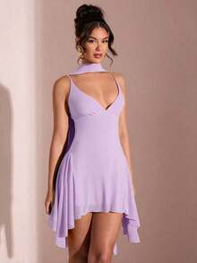 Vestido corto de gasa con escote en V profundo y cinta de color negro sólido, adecuado para citas diarias, salidas nocturnas, discotecas, fiestas, reuniones, fiestas de cóctel, monos de vacaciones, fiestas en la piscina, ropa de oficina, vestidos para ir y venir - Púrpura malva - Ver 3