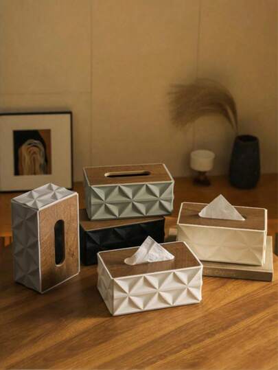 1pc Square Plastic Decorative Storage Box, Suitable For Home, Car, Office - Bathroom And Kitchen Storage, Car Accessories, Vibrant Artistic Design, Multipurpose Tissue Box, Wet Wipes Storage Box And Trash Bag Organizer, Rectangular Plastic Box With Wooden Lid Design, Suitable For Home Decor And Hygiene Storage