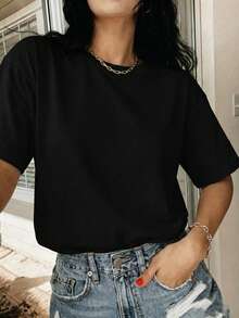 Women's Y2K Fashion Casual Sports Basic Black Solid Color Short Sleeve T-Shirt Summer - Black - View 3