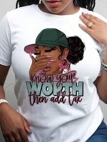 Women's Empowerment Graphic Print T-Shirt - "Know Your Worth" - Casual Loose Fit, Crew Neck, Short Sleeve, For Summer And Spring, Lido Color, Sizes S-3XL, Women's T-Shirts, Casual Wear, Motivational Clothing, Relaxed Fit T-Shirt, Y2k T-Shirt, Shirt - 白色 - 查看 1