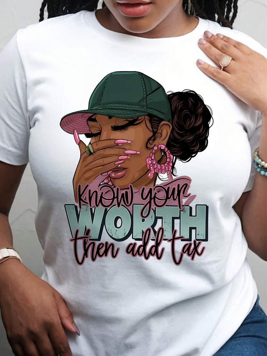 Women's Empowerment Graphic Print T-Shirt - "Know Your Worth" - Casual Loose Fit, Crew Neck, Short Sleeve, For Summer And Spring, Lido Color, Sizes S-3XL, Women's T-Shirts, Casual Wear, Motivational Clothing, Relaxed Fit T-Shirt, Y2k T-Shirt, Shirt - 白色 - 查看 1