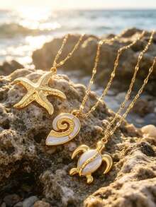 3/1 pieza Collar colgante de acero inoxidable estilo vacaciones costeras para mujer con diseño de vida marina, adecuado para uso diario, vacaciones en la playa o fiesta junto al mar - Amarillo Oro - Ver 8