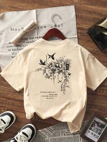 Nueva llegada de verano: Camiseta casual de manga corta con estampado floral y cuello redondo, top de mujer moderno y versátil. - Albaricoque - Ver 2