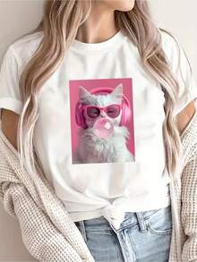 Women's Summer T-Shirt With Cat Print: A Cat With Pink Headphones And Fashionable Glasses, Blowing Bubbles, With Letter Print, Round Neck T-Shirt. - 白色 - 查看 1