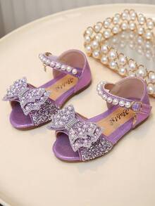 Shiny Rhinestone Pearl Bow Girls' Princess Sandals, Soft Bottom Round Toe PU Flat Sandals, Suitable For Spring, Summer, Autumn Holidays And Daily Wear - Purple - View 2