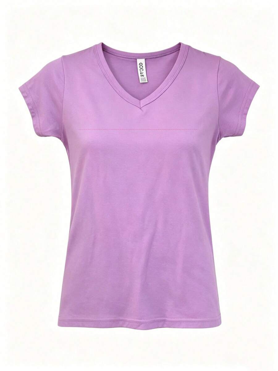Women's Basic Glitter V-Neck T-Shirt, Short Sleeve, Slight Stretch, Casual Top - Morado claro - Ver 1