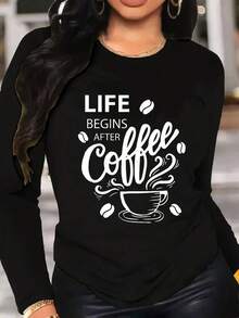 Women's Casual Long Sleeve T-Shirt - Coffee Lover Print With 'Life Begins After Coffee' Slogan, Round Neck, Machine Washable, Spring, Summer & Autumn Essential, Comfortable Loose Fit Shirt, Soft Texture - Unisex Plus Size Leisure Top. - 黑色 - 查看 1