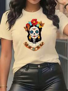 Versatile Women's T-Shirt With A Day Of The Dead Catrina Print, Short Sleeves And Round Neck, In Red, With Colorful Catrina Skulls, Flowers, Butterflies And Traditional Patterns, Perfect For Casual Wear And Cultural Celebrations. - 黑色 - 查看 11