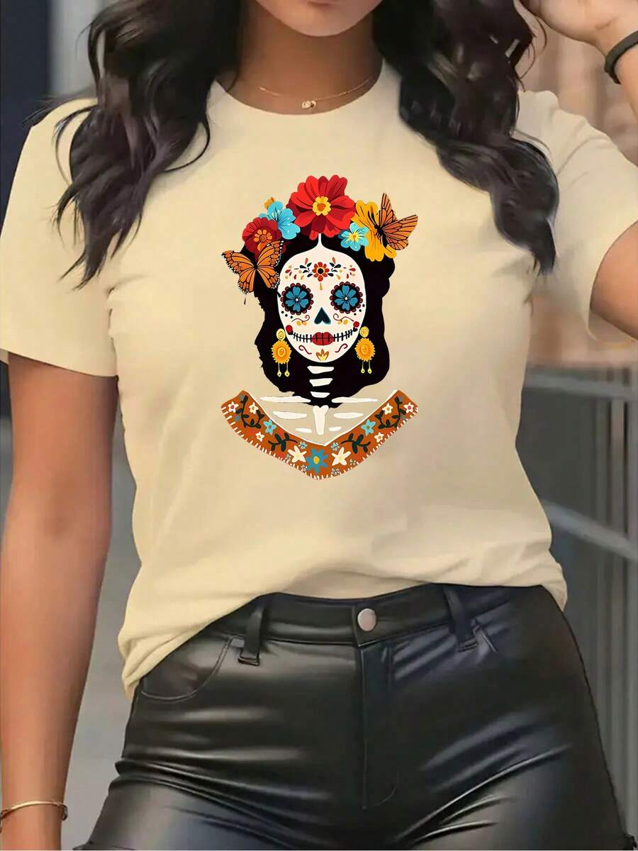 Versatile Women's T-Shirt With A Day Of The Dead Catrina Print, Short Sleeves And Round Neck, In Red, With Colorful Catrina Skulls, Flowers, Butterflies And Traditional Patterns, Perfect For Casual Wear And Cultural Celebrations. - 杏色 - 查看 1