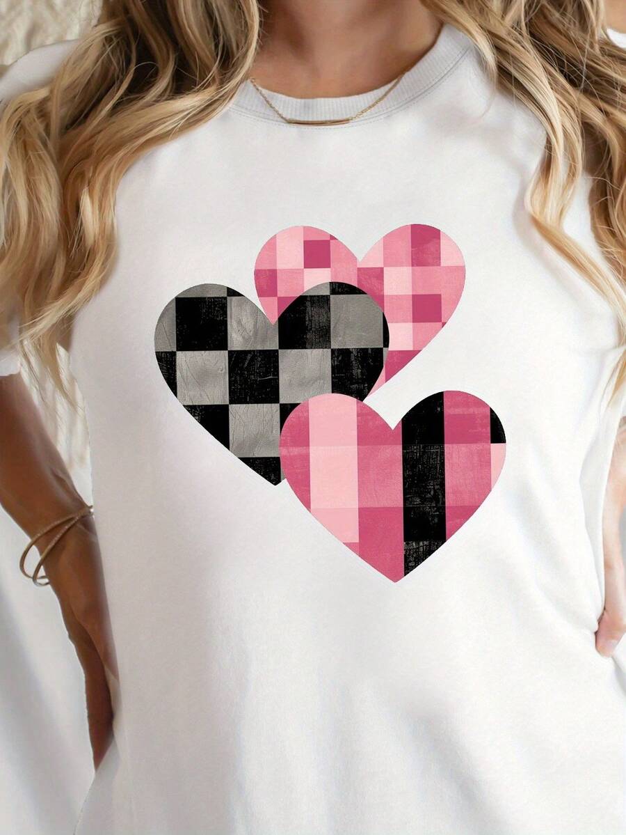 Camiseta de Cuello Redondo con Estampado de Corazones y Cuadros, Camiseta Casual de Manga Corta para Primavera y Verano, Ropa de Mujer - Estilo Vintage Urbano, Camiseta Unisex de Algodón Holgada de Manga Corta y Cuello Redondo - Blanco - Ver 1