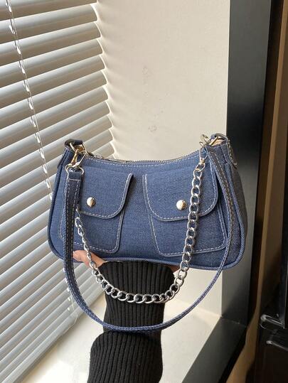 1 chiếc túi xách denim màu trơn có khóa kéo, kiểu dáng retro, túi vải denim với dây đeo xích, túi đeo chéo thời trang, đa năng phù hợp cho công sở, đi làm, hẹn hò, mua sắm, hoạt động ngoài trời, du lịch và sử dụng hàng ngày cho nữ.