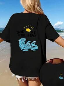 1pc Women's Y2K Style Short Sleeve T-Shirt - Double-Sided Beach Print (Ideal For Surfing) - High Elasticity Round Neck, Casual Summer Top - Surf Blouse For Spring, Summer And Autumn, Ladies' Beach Outfit / Summer Girl / Vacation Style With Green Tropical Plants / Beach Walk, Limited Summer Edition / Cool And Comfortable Version For Summer Travel - 黑色 - 查看 7