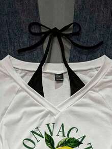 Camiseta de mujer casual de cuello en V retro, con atar, de manga corta y contraste de color, adecuada para el verano - Blanco 6 - Ver 4