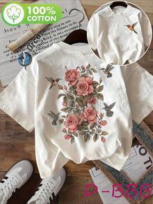 Camiseta de algodón puro de manga corta y cuello redondo con estampado floral vintage de rosas y colibríes en ambas caras - Estilo urbano vintage, unisex, holgada - Camiseta de algodón de manga corta y cuello redondo de corte relajado para mujer - Tops de verano inspirados en festivales - Blanco - Ver 1