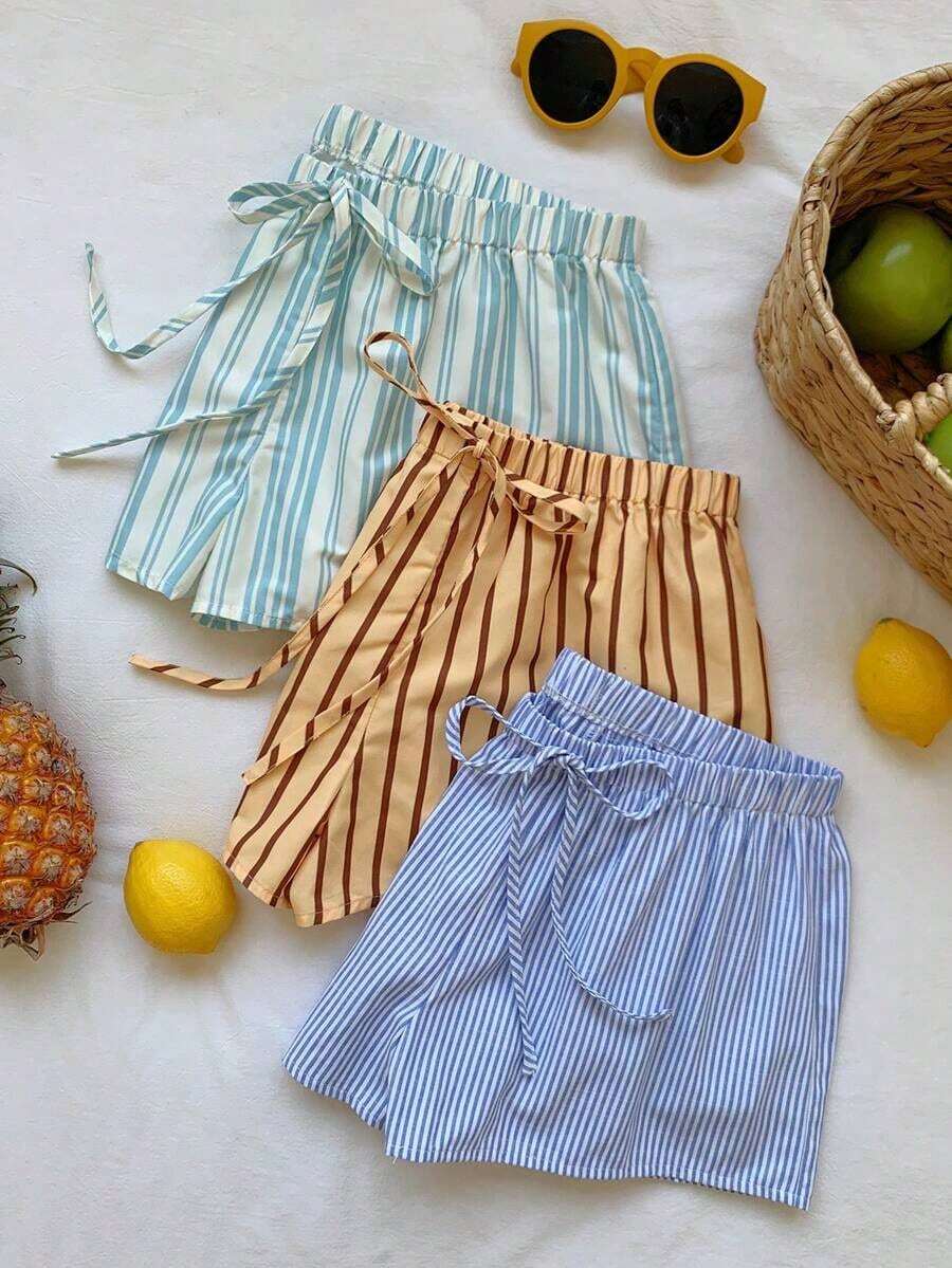 3 pantalones cortos sueltos y casuales con cintura de atar para mujer - Multicolor 12 - Ver 1
