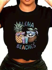 1 pieza de camiseta casual de manga corta para mujer de talla grande - Estampado gráfico tropical de piñas y cocos de Aloha Beaches, cuello redondo, lavable a máquina, para vacaciones de verano y atuendo casual, camiseta de playa, top de corte relajado, camisa con estampado divertido, tela para todas las estaciones 2026 - Negro - Ver 1