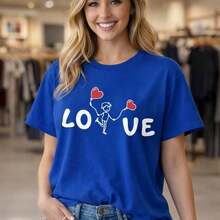 Camiseta de Algodón para Mujer, Estampado de Amor, Manga Corta, Cuello Redondo, Top Casual, Corte Holgado para Uso Diario, Tallas M-5XL, Tejido de Algodón Suave y Transpirable, Camiseta con Diseño Gráfico de San Valentín, Camiseta Oversize Cómoda, Camiseta con Diseño de Corazón para Mujer, Top de Moda Amigable 2026 - Azul - Ver 7