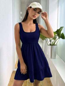 Vestido casual de mujer de unicolor con volantes en el bajo, para verano - Azul marino - Ver 6