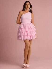 Vestido de malla con volantes y pliegues asimétricos - Rosa Pálido - Ver 5
