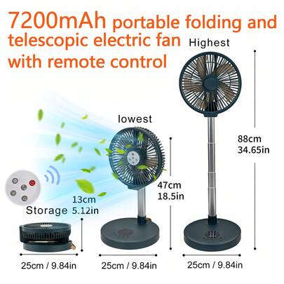 7200mAh USB Rechargeable Portable Foldable Fan With Remote Control, Telescopic, Handheld, Auto 90° Rotation, Digital Display, Suitable For Room, Living Room, Rest Area, Office, Outdoor Cooling Fan, Easy Storage