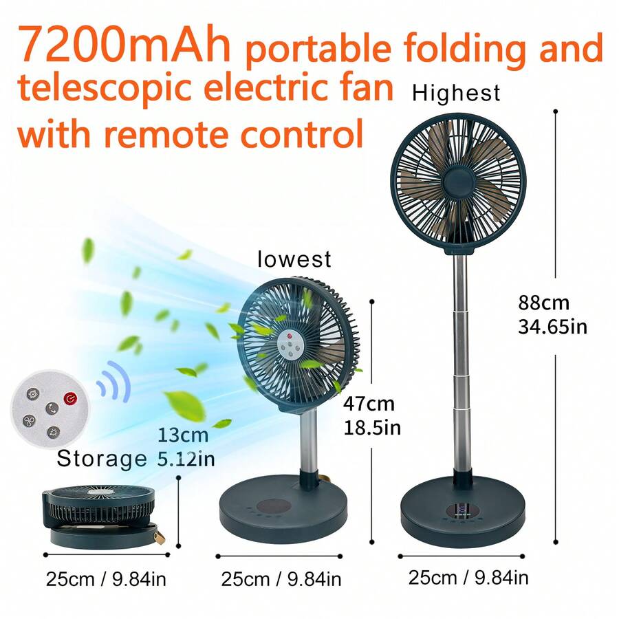 7200mAh USB Rechargeable Portable Folding Fan, 12-Hour Battery Life, Remote Control Included, Telescopic, Handheld, Automatic 90° Rotation, Digital Display, Suitable For Room, Living Room, Rest Area, Office, Outdoor Essential Cooling Fan, Easy Storage