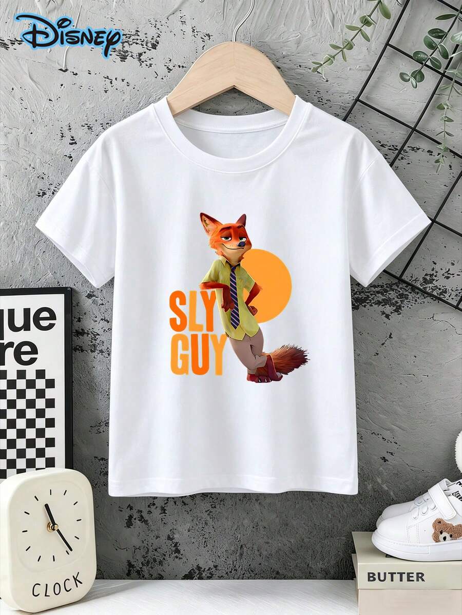 Crazy Zootopia Nick Children's Cotton Short Sleeved T-Shirt, Disney Printed Girls' T-Shirt, Cartoon Children's Round Neck Breathable T-Shirt, Summer Clothes Kids Girls Clothes, Suitable For Boys And Girls, Disney Girls Travel T-Shirt - trắng - Xem 1