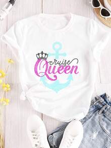 Camiseta Elegante de Talla Grande con Estampado de la Letra 'Queen' - Cuello Redondo Casual, Manga Corta para Mujer, Lavable a Máquina - Blanco - Ver 4