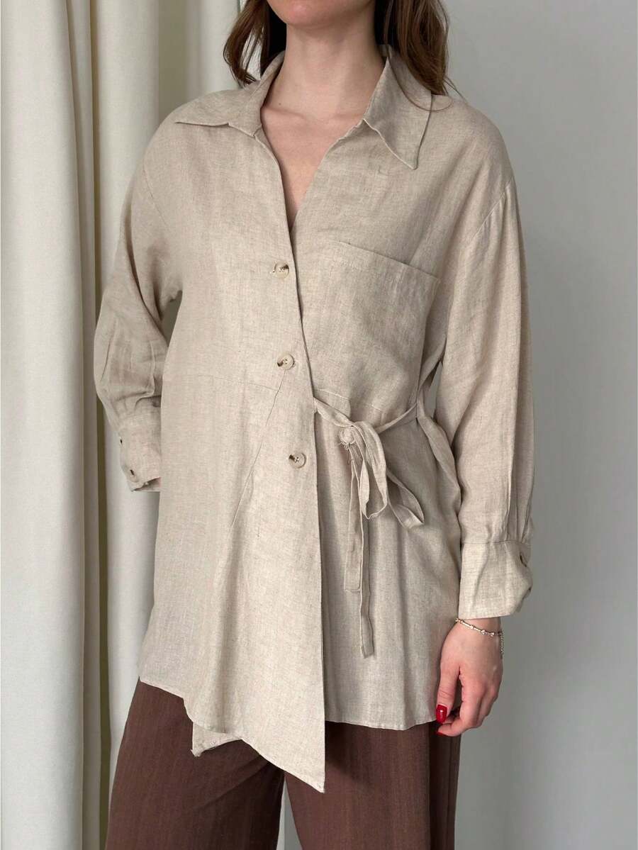 Women Front Tie Detailed Blouse - Beige - View 1