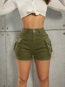 Quần short cargo cạp chun co giãn kiểu vintage Y2K, chi tiết túi nắp, thích hợp cho mùa hè, phong cách thường ngày thoải mái. - xanh quân đội - Xem 5