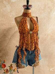 Blusa de mujer con encaje bordado, escote halter, espalda descubierta, tirantes con lazo, bajo fluido y elegante, adecuada para la playa, cruceros y resorts - Naranja - Ver 8