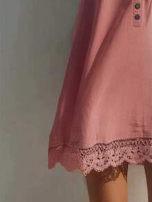 Retro Lace V-Neck Pink Denim Mini Skirt - Pink - View 4