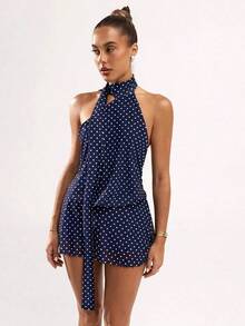 Vestido casual sin mangas con estampado de lunares y espalda descubierta para mujer - Azul marino - Ver 5