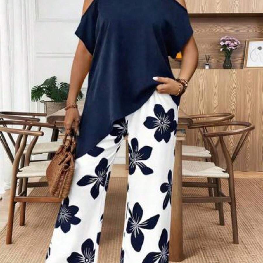 Holidaya Plus Size Blue Casual Loose Cold Shoulder Two Pieces Set, For Summer - Azul y blanco - Ver 1