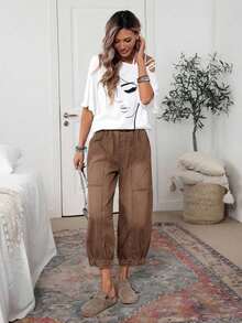 Pantalones vaqueros casuales de mujer con cintura con cordón y lavado vintage, pantalones casuales de mujer, pantalones de verano de mujer con cintura elástica, pantalones de mujer con bolsillos, pantalones caqui de mujer - Café integral - Ver 4