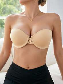 Women's Skin-Tone Strapless Bra, Sexy Invisible Strapless Bra With Front Closure, Underwire Push-Up Bra With Backless Design, Invisible Non-Slip Supportive Thin Top Thick Bottom Bra For Small Bust - Apricot - View 4