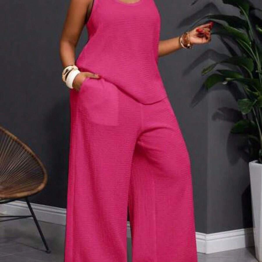 Slayr 2025 New Spring/Summer Plus Size Women's Vintage Western/Tropical/Music Festival/Club/Road Trip/Casual Street/City Vacation/Graduation Date/Elegant Vacation 2-Piece Set - Loose Sheer Textured Fabric U-Neck Sleeveless Tank Top With Elastic Waist Palazzo Pants - Rosa Fucsia - Ver 1