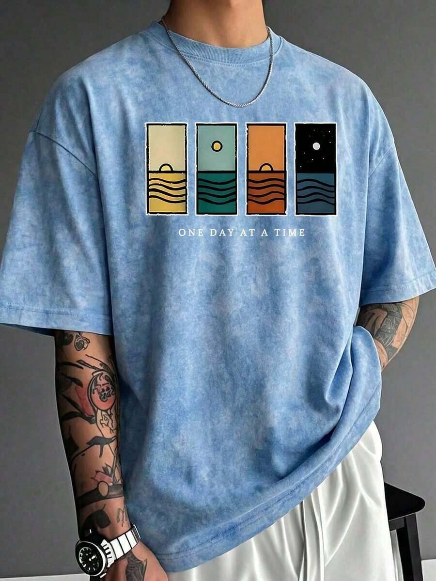 Compatible With The Minimalist Printed Short-Sleeved T-Shirt For Men, Comfortable And Breathable, Suitable For Summer, Fashionable. - 霧霾藍 - 查看 1