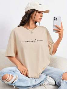 Camiseta holgada casual para mujer con estampado de letras, hombros caídos y cuello redondo, perfecta para el verano enérgico, unisex [Nacional Envio] playeras de mujer algodon - Estilo - Ver 8