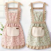 2pcs/1pc Floral Princess Apron With Adjustable H-Strap And Pocket, Suitable For Cooking, Baking And Restaurant Use, Pink And Beige Floral Pattern, Essential For Baking, Cute Apron, 2581 Sold - A - View 2